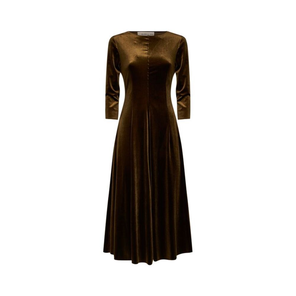 Blanca Vita Women Olive Stretch Velvet Asia Flared Midi Dress